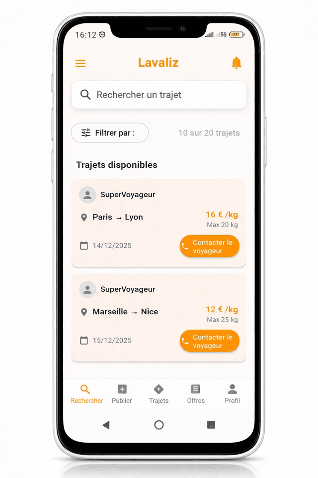 Application mobile Lavaliz - Recherche de trajets