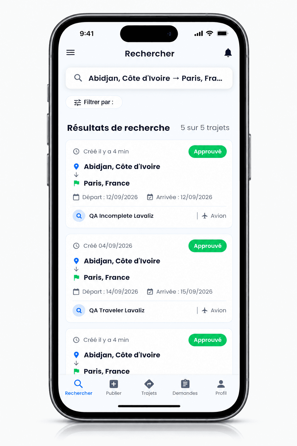 Application Lavaliz affichant une recherche de trajets
